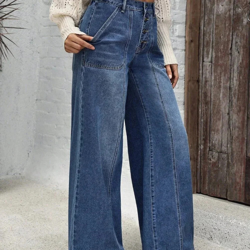 Blue Casual Women's Pockets Versatile Loose Wide Leg Jeans - Picture 5 of 6